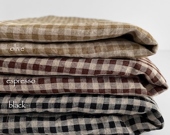 Brown Gingham Linen Fabric: 100% Soft Stone Washed Linen - Oeko-Tex Certified