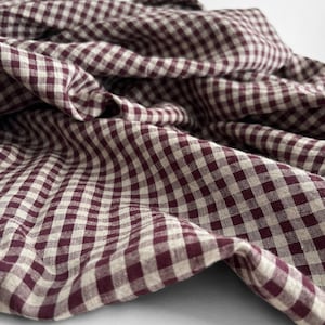 Gingham linen by the meter - plum purple, 100% soft linen by the yard, checked linen fabric, soft linen