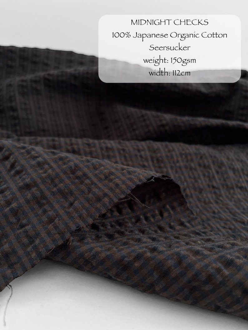 Organic Cotton Seersucker Fabric - Small Gingham Japanese Cotton GOTS certified midnight checks