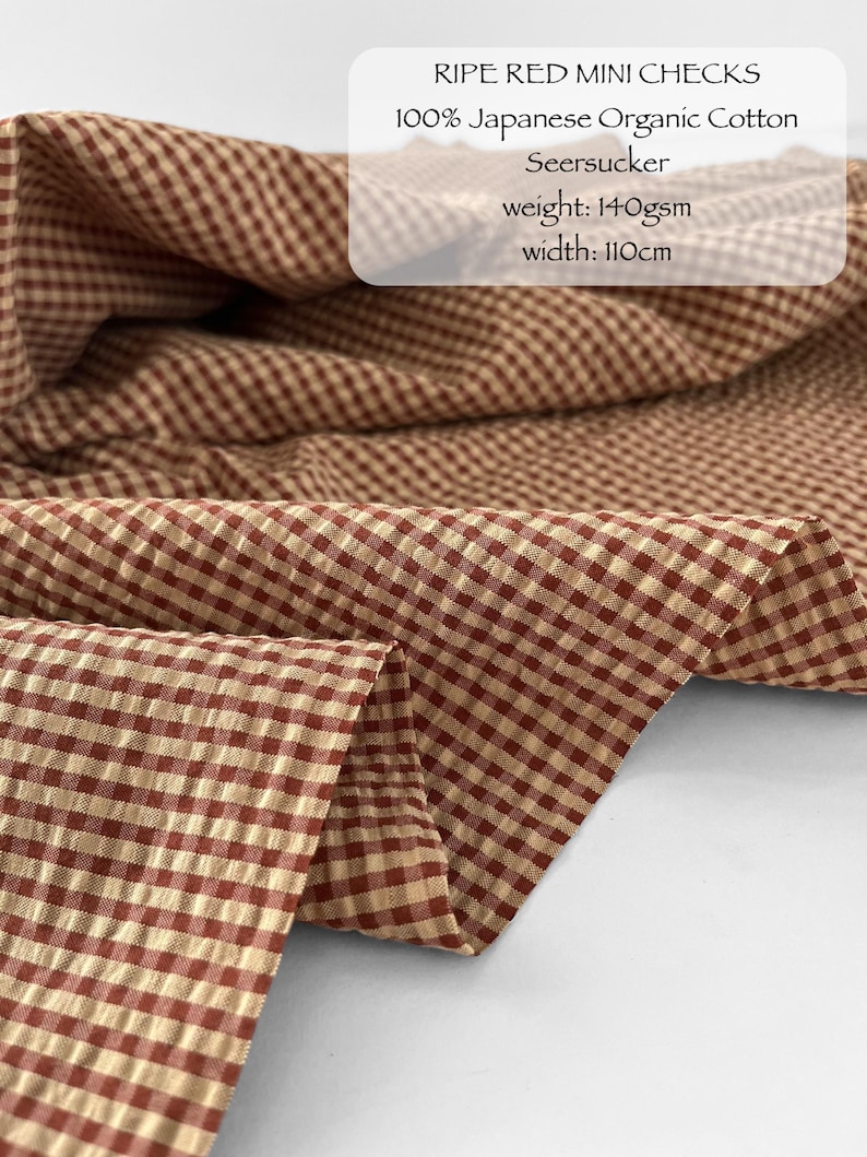 Organic Cotton Seersucker Fabric - Small Gingham Japanese Cotton GOTS certified ripe red checks