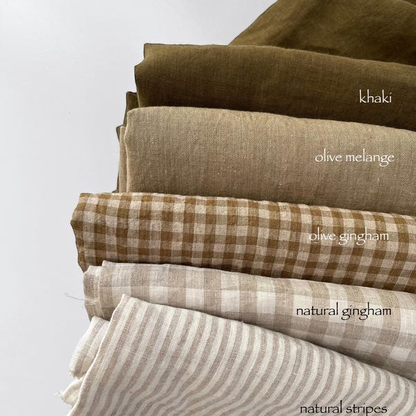 Yarn-Dyed Linen Fabric: Natural Gingham, Stripes, Olive Green - Stone Washed Oeko-Tex