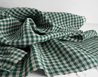 Gingham Leinenstoff: Piniengrün Kariertes Leinen, Weich Gewaschen OEKO-TEX Zertifiziert