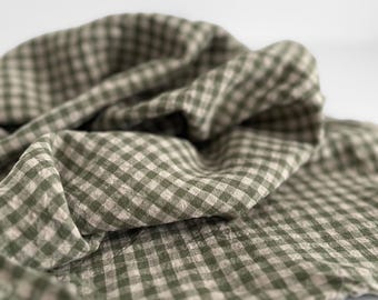Gingham Leinenstoff: Staubgrünes kariertes Leinen, weich gewaschen OEKO-TEX zertifiziert