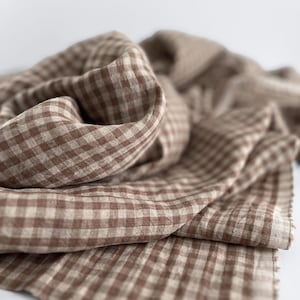 Gingham linen fabric by the meter - mocha brown, 100% soft linen by the yard, checked linen, washed vintage linen Oeko-Tex 100 certified