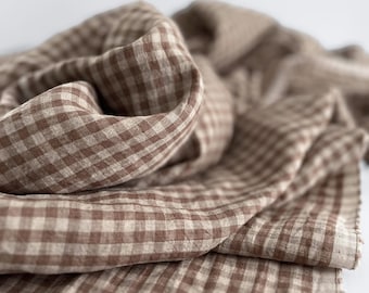 Mocha Brown Gingham Linen Fabric: Soft Washed Vintage Style, Oeko-Tex Certified