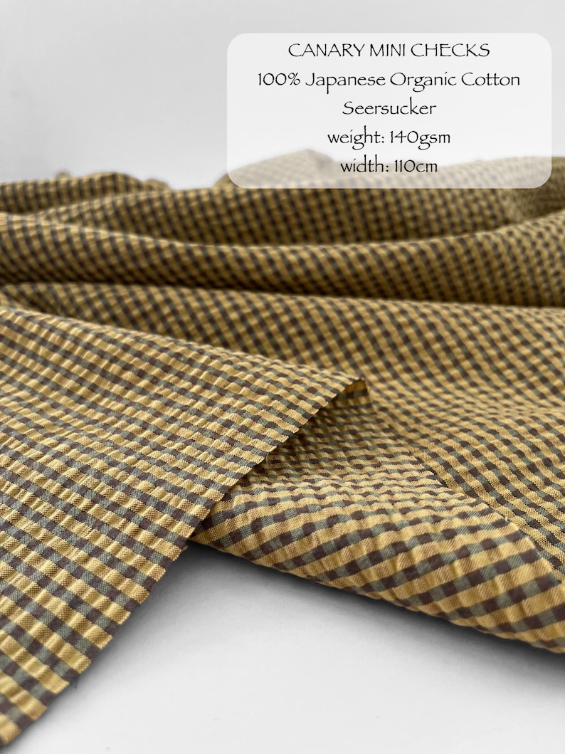 Organic Cotton Seersucker Fabric - Small Gingham Japanese Cotton GOTS certified canary checks