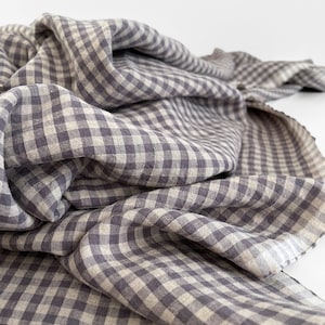 Gingham check linen by the yard - purplish grey, 100% soft linen by the metre, checked linen, washed vintage linen Oeko-Tex 100 certified