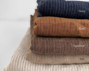 Yarn Dyed Striped Linen Fabric: Navy Pinstripes, Soft Stone Washed Apparel Material