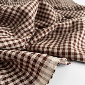 Brown Gingham Linen Fabric By The Yard: Soft Washed Oeko-Tex Certified