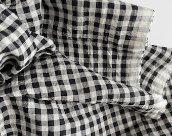 Schwarzer Gingham Leinen Stoff: Gewaschenes Oeko-Tex Zertifiziert, Massenlager