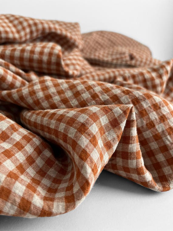 Gingham Linen Fabric By The Meter: Bourbon Orange Check, Soft Washed Vintage Style