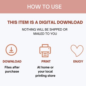 Pu&ograve; includere: Come utilizzare questo download digitale. Scarica i file dopo l'acquisto, stampali a casa o in un negozio di stampa locale e divertiti. L'immagine mostra un'icona di download, un'icona di stampante e un'icona di cuore.