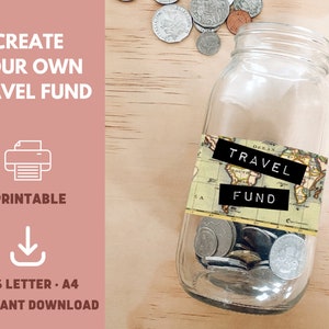 Printable Travel Fund piggy bank, Vacation fund, Holiday fund savings jar, Money Bank, Adventure Fund, Savings Jar, Travel Gift, Money Box