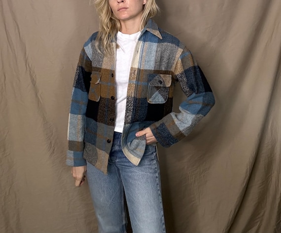 Vintage 60's Blue Cream Brown Plaid Wool Shirt Fl… - image 1