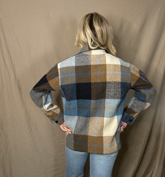 Vintage 60's Blue Cream Brown Plaid Wool Shirt Fl… - image 5