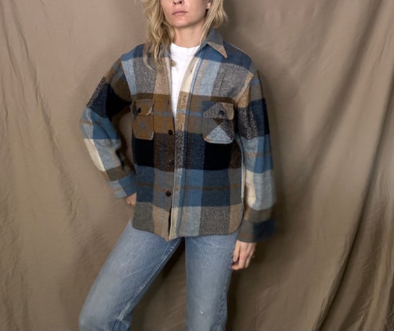 Vintage 60's Blue Cream Brown Plaid Wool Shirt Fl… - image 3