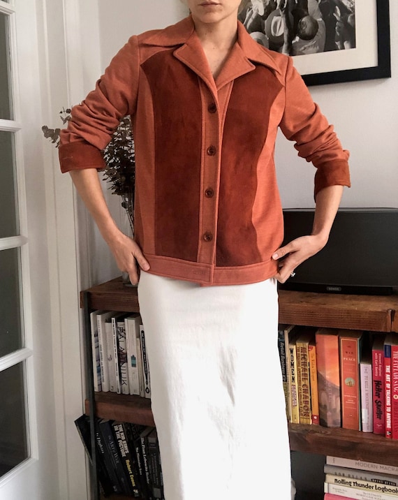 Vintage 70's Terracotta Suede and Polyester Cardig
