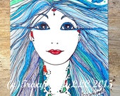 Original Art,  Blue Tattoo Girl, 6 x 8 inch Drawing, Whimsical Girl, Small Drawing, Graphic Illustration