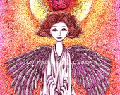 Angel Art, Original Art, Pink Red Angel with Heart, Pink Decor, Whimsical Art,  Marker Illustration, Unique Gift, Red Orange Wall Decor