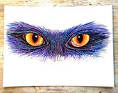 Orange Eyes Purple Cat Original Marker Drawing Unique Whimsical Art Custom Portraits Available
