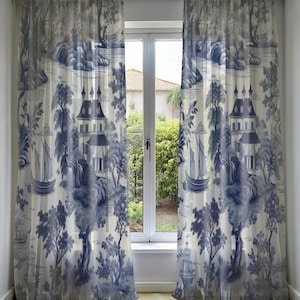 French Country Style Blue Toile Drapery Panel