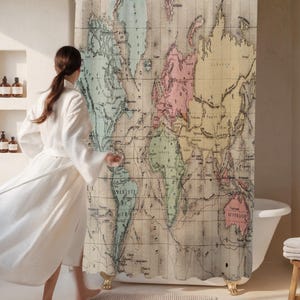 Cortina de ducha con mapa vintage y decoración náutica