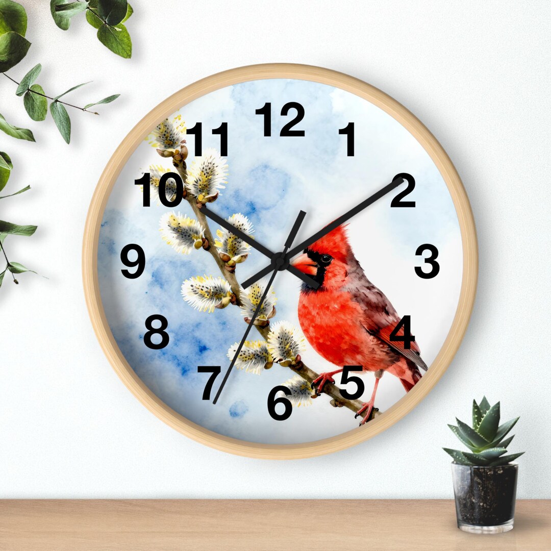 Red Cardinal on Botanical Branch Wall Clock | Nature Bird Timepiece - Etsy