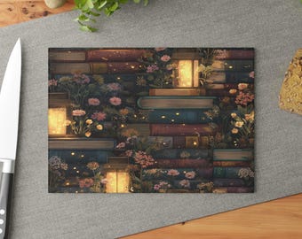 Tagliere in vetro con libro floreale Glowing Library