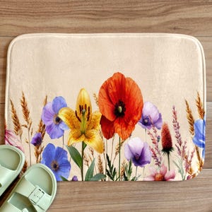 Ivory Floral Bath Mat with Vibrant Wildflowers  Bathroom Rug Decor