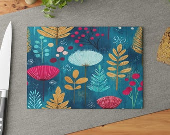 Whimsical Floral Meadow Nature Glass Cutting Board