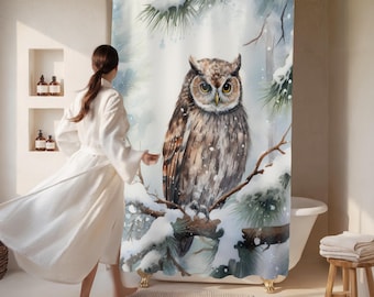 Rideau de douche hiver forêt hibou rustique
