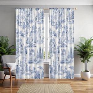 Charming French Country Toile Curtain in Vintage Blue  Window Decor