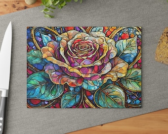 Planche à découper colorée en vitrail floral