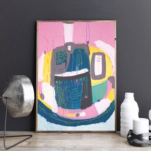 Modern Blue And Pink Abstract Painting: Original Living Room Decor