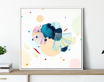 May include: Abstract art print featuring a blue, teal, and pink watercolour design on a white background with colourful dots and lines.