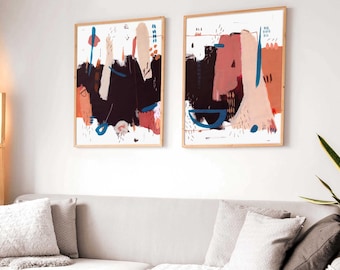 Gran conjunto de 2 pinturas abstractas originales para la pared de la sala de estar, conjunto original de 2 pinturas modernas para la pared sobre la cama.