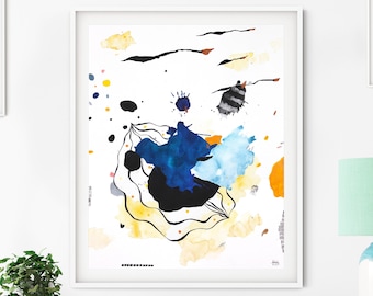 Original Modern Blue And Yellow Abstract Watercolor Painting for Home or Office Space