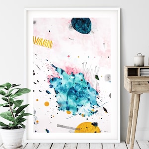 Pintura original moderna abstrata em aquarela azul e amarela de 24" x 36"