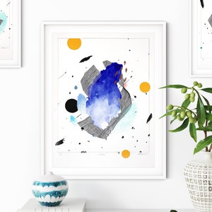 12 x 16 inch schilderij/tekening, blauwe abstracte aquarel