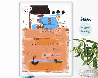 Pintura abstracta moderna original para decoración de pared moderna, arte abstracto moderno en naranja y azul, pintura abstracta original sobre papel