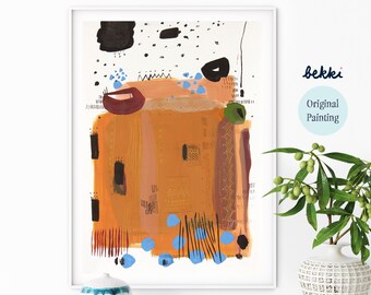 Pintura abstracta moderna original para decoración de pared moderna, arte abstracto moderno en naranja y azul, pintura abstracta original sobre papel