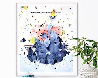 16''x20'' Original Modern Abstract Colorful Watercolor Painting, Original Blue Abstract Watercolor Art, Blue And Pink Watercolor Painting