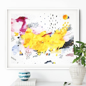 Pintura abstrata original em aquarela amarela de 16" x 20" - Arte moderna abstrata em aquarela amarela - Pintura para sala de estar