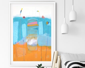 Original Blue And Orange Abstract Painting, Modern Original Blue and Orange Abstrac Art For Living Room and Kitchen Wall