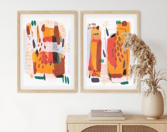 Original Set of 2 Modern Abstract Paintings for Home or Office Wall Art Decor, Orange Set of 2 Abstract Paintings