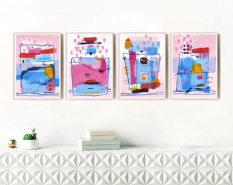 Set of 4 Original Blue And Pink Abstract Paintings
