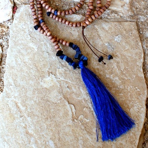 Tassel beaded Necklace, Wood and lapis jewelry, tassel necklace, gift for her