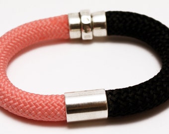 Climbing cord bracelet pink black with silver plated elements and magnetic clasp, jewelry