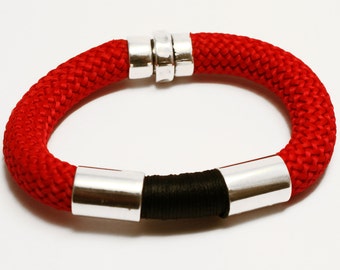 Climbing cord bracelet with silver plated elements and magnetic clasp, red black jewelry