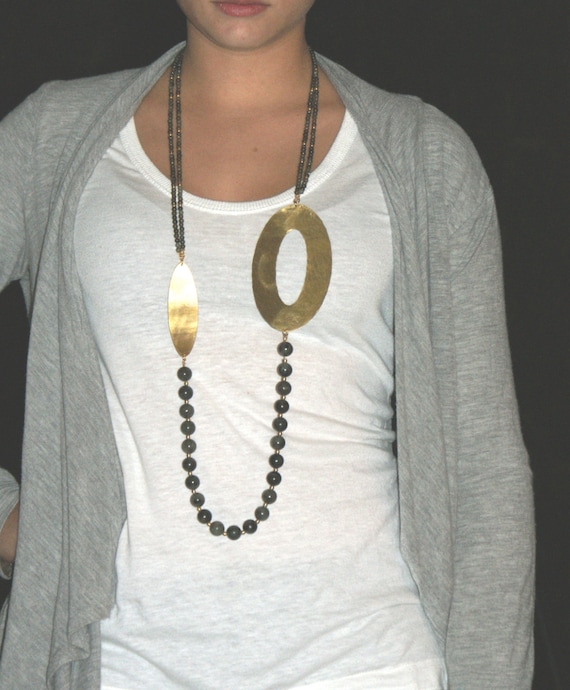 Labradorite necklace, Statement long necklace, green-olive labradoride necklace, hammered brass elements necklace, jewelry, handmade